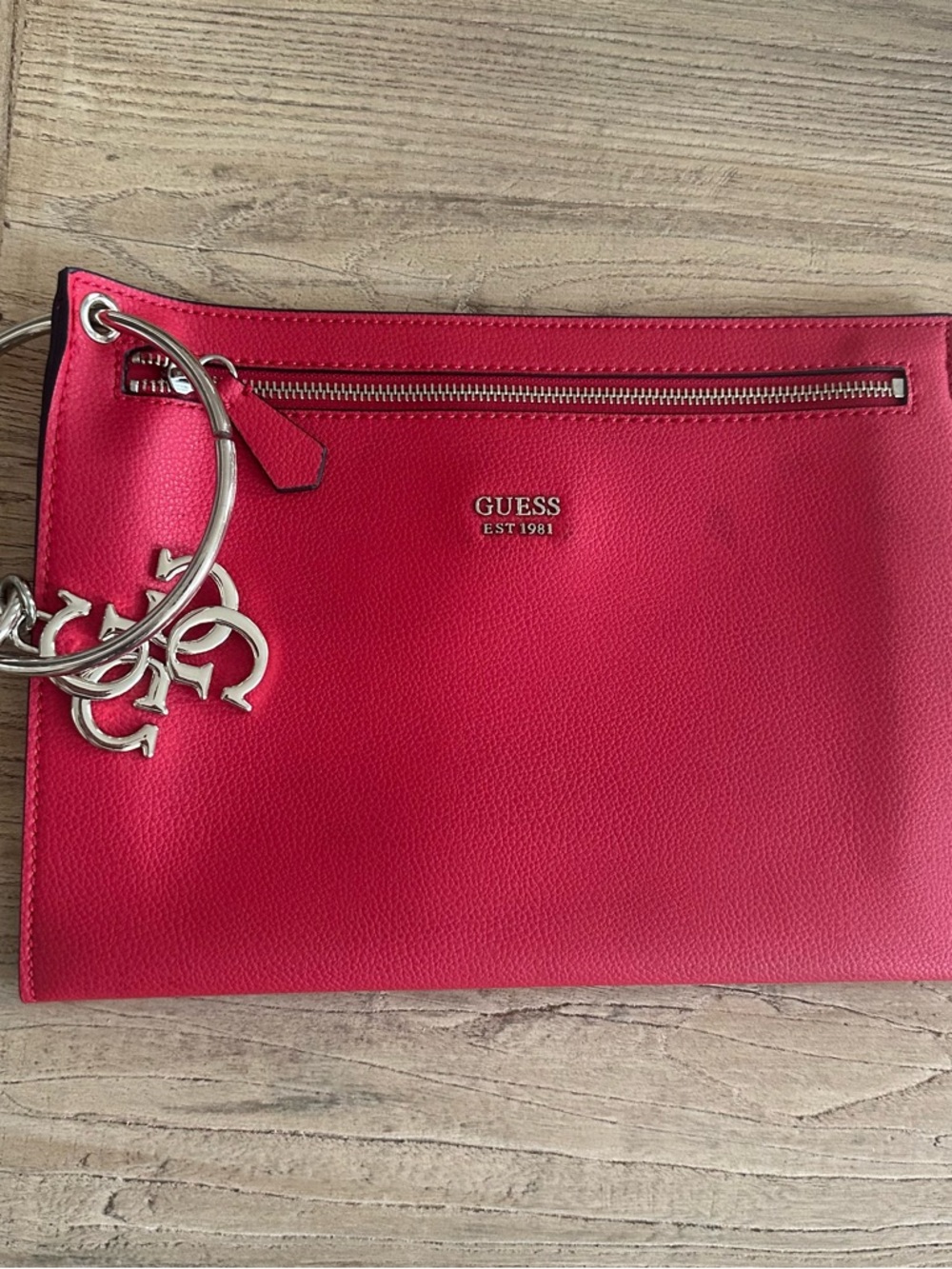 GUESS Hot Pink Wristlet Clutch with Silver Charm Rings